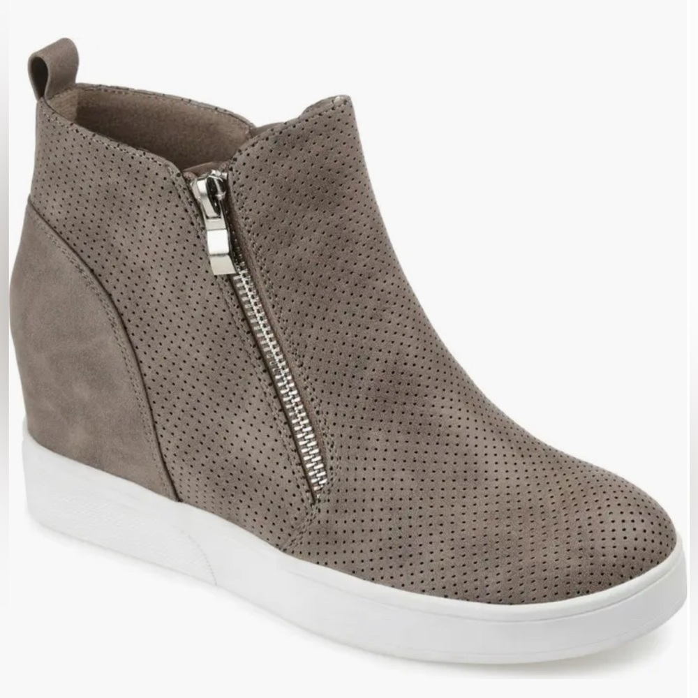 Journee Collection | Pennelope Wedge Sneaker Perforated Taupe Booties, Size 9.5